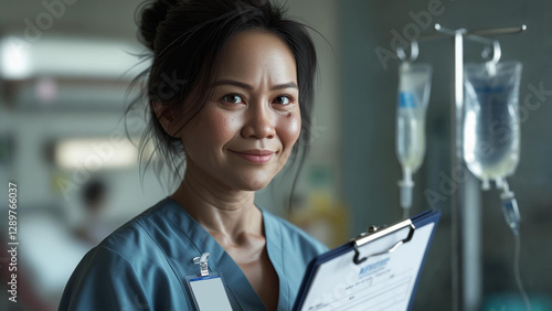 Asian Middle-aged Healthcare Professional Nurse Smiling in Hospital Corridor with Clipboard