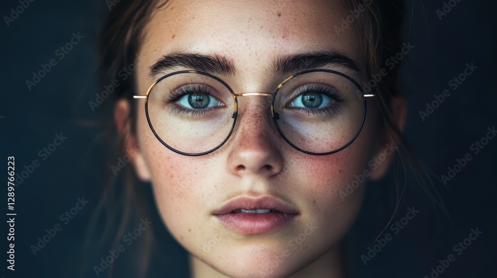 Serene Portrait of a Young Woman with Freckles Wearing Glasses Serene Portrait of a Young Woman with Freckles Wearing Glasses