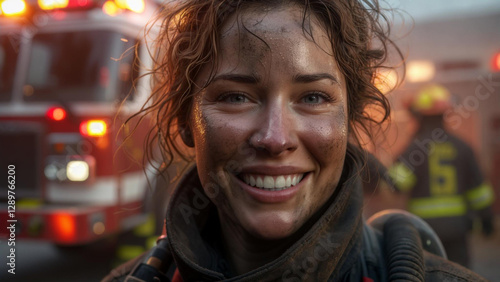 Smiling Female Firefighter in Full Gear Amidst Flames and Smoke