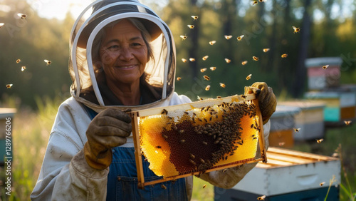 Smiling Elderly Beekeeper Holding Honeycomb in Sunlit Apiary