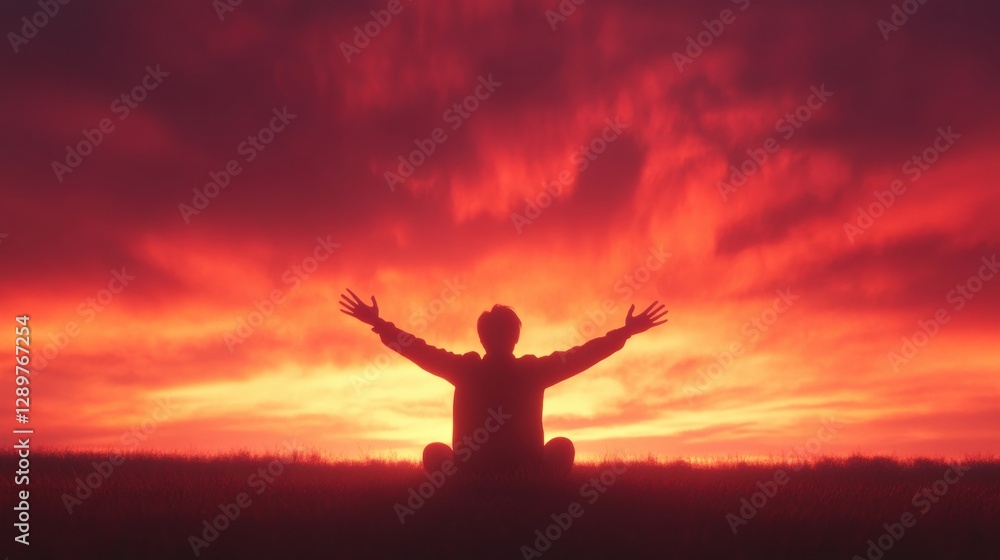 Silhouette of a person meditating at sunset Silhouette of a person meditating at sunset