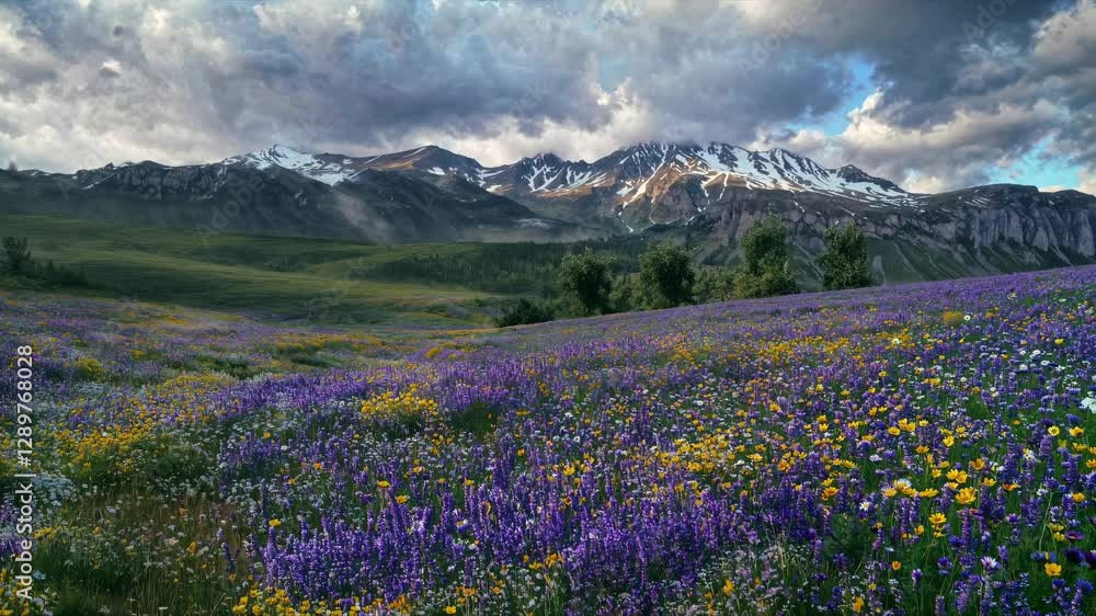 A wide-angle shot captures a vibrant field of wildflowers with mountains in the background, resembling a serene nature video scene. A wide-angle shot captures a vibrant field of wildflowers with mountains in the background, resembling a serene nature video scene.
