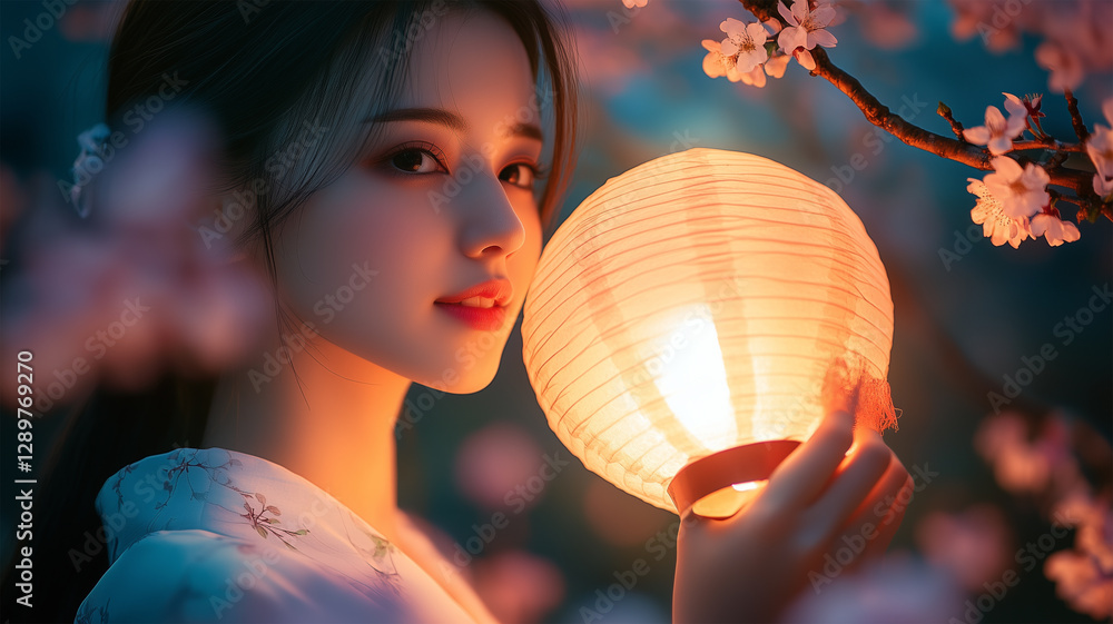 Naklejka premium 夜桜と提灯の光に包まれたセルフィ – 和の灯りが彩る春の幻想