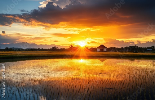 Golden Sunset over Rice Paddy Fields photo