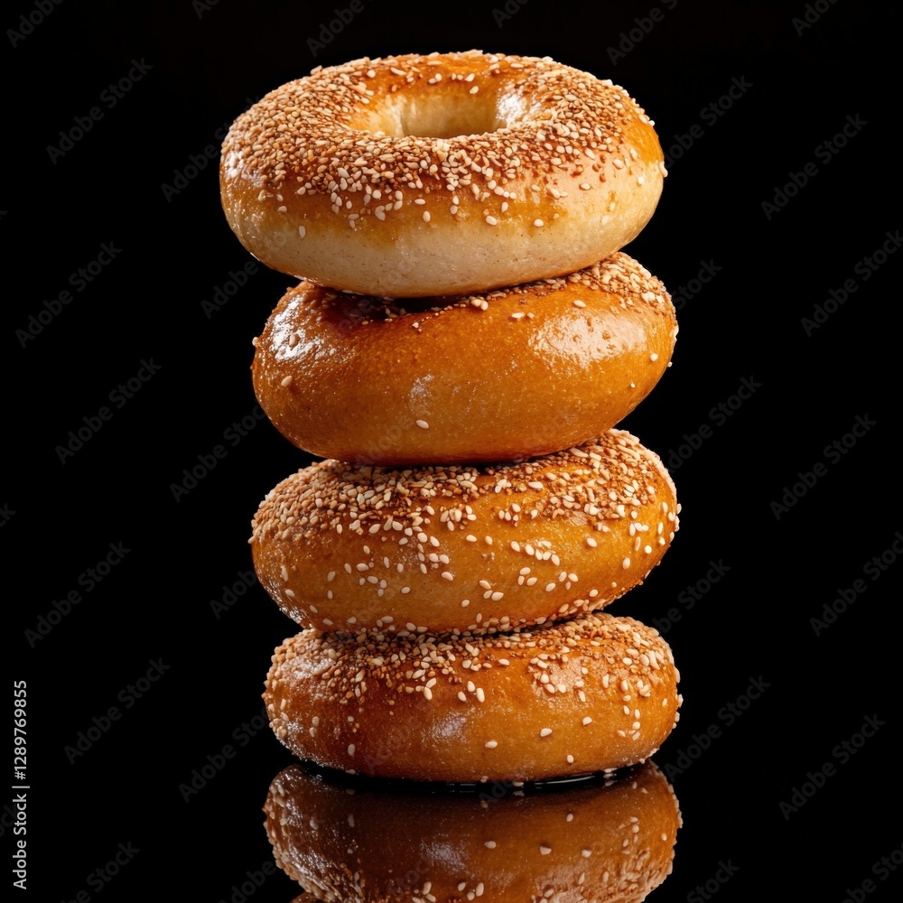 stack of sesame bagels on black background stack of sesame bagels on black background