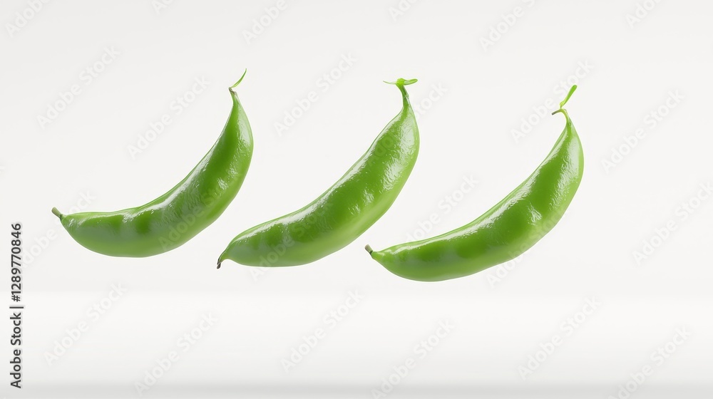 Green beans suspended mid-air, floating on a plain white background, 3D-rendered hyperrealism, soft shadows, clean and modern design Green beans suspended mid-air, floating on a plain white background, 3D-rendered hyperrealism, soft shadows, clean and modern design