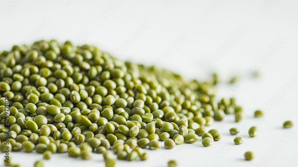 Loose heap of uncooked green beans, fresh and natural, spread casually on a clean white surface, bright and evenly lit Loose heap of uncooked green beans, fresh and natural, spread casually on a clean white surface, bright and evenly lit