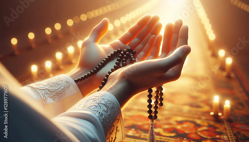 Hands, palms raised in supplication (dua), with prayer beads (misbaha), Ramadan with blurred background.