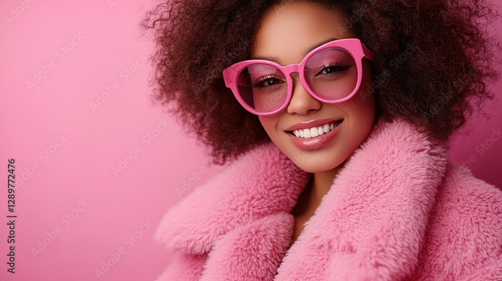Smiling woman with pink sunglasses and coat on pink background Smiling woman with pink sunglasses and coat on pink background