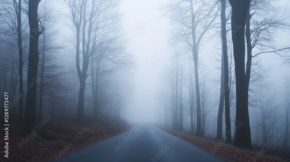 Obraz premium Foggy road through a forest in autumn