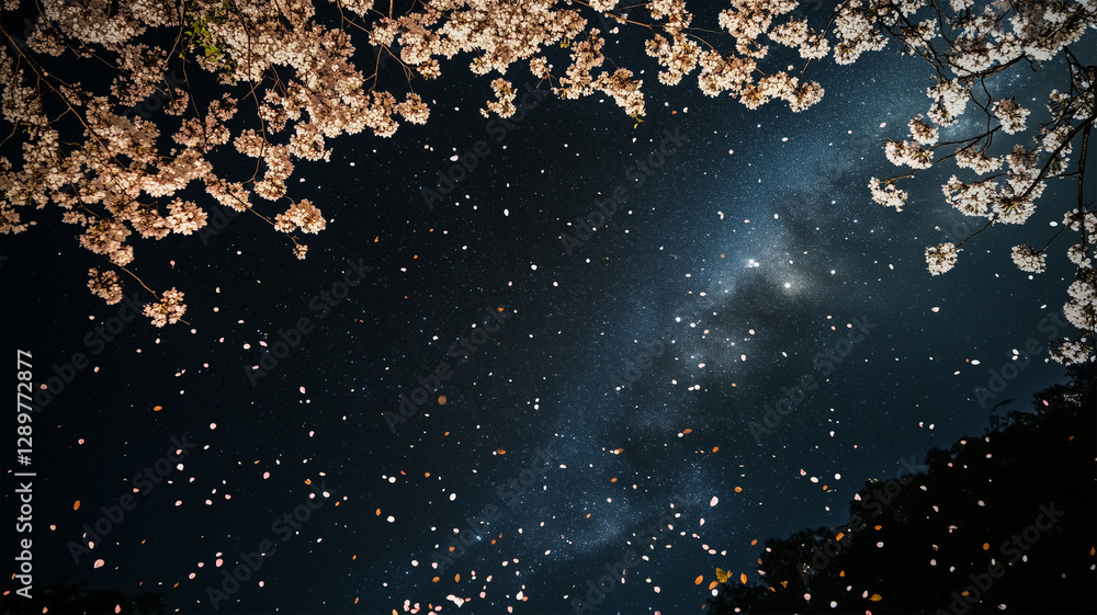 Obraz premium 河川敷の夜桜と星空 – 水面に映る桜と満天の星が織りなす幻想の世界