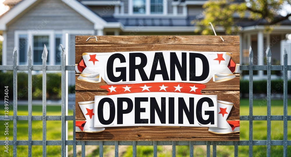 grand opening lettering on sign at fence with house background grand opening lettering on sign at fence with house background