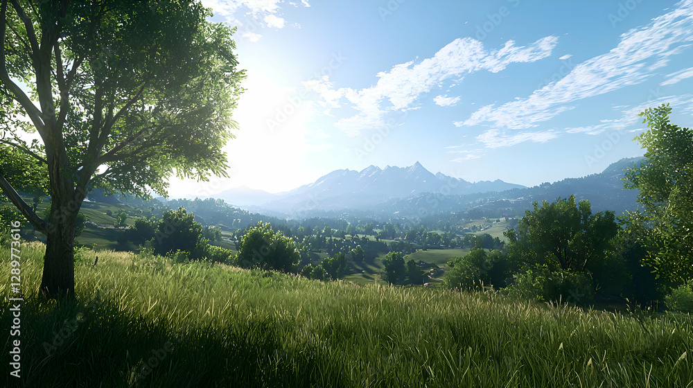 Obraz premium Sunlit Landscape with Green Field and Distant Mountains