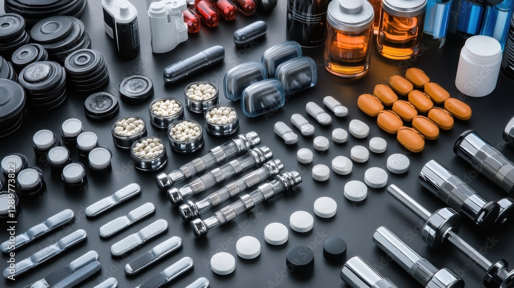 Assorted Capsules, Tablets, and Bottles Organized on a Dark Surface for Medicine and Health Concepts Assorted Capsules, Tablets, and Bottles Organized on a Dark Surface for Medicine and Health Concepts