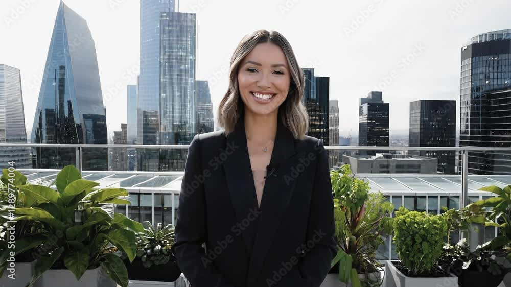 Professional television reporter delivers breaking news from a rooftop garden with the skyline in the background, providing up to date information on current events Professional television reporter delivers breaking news from a rooftop garden with the skyline in the background, providing up to date information on current events