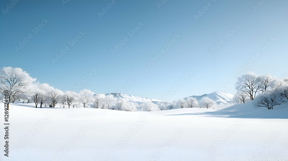 Serene Winter Landscape: Snow Covered Mountains and Trees Under a Clear Blue Sky Serene Winter Landscape: Snow Covered Mountains and Trees Under a Clear Blue Sky