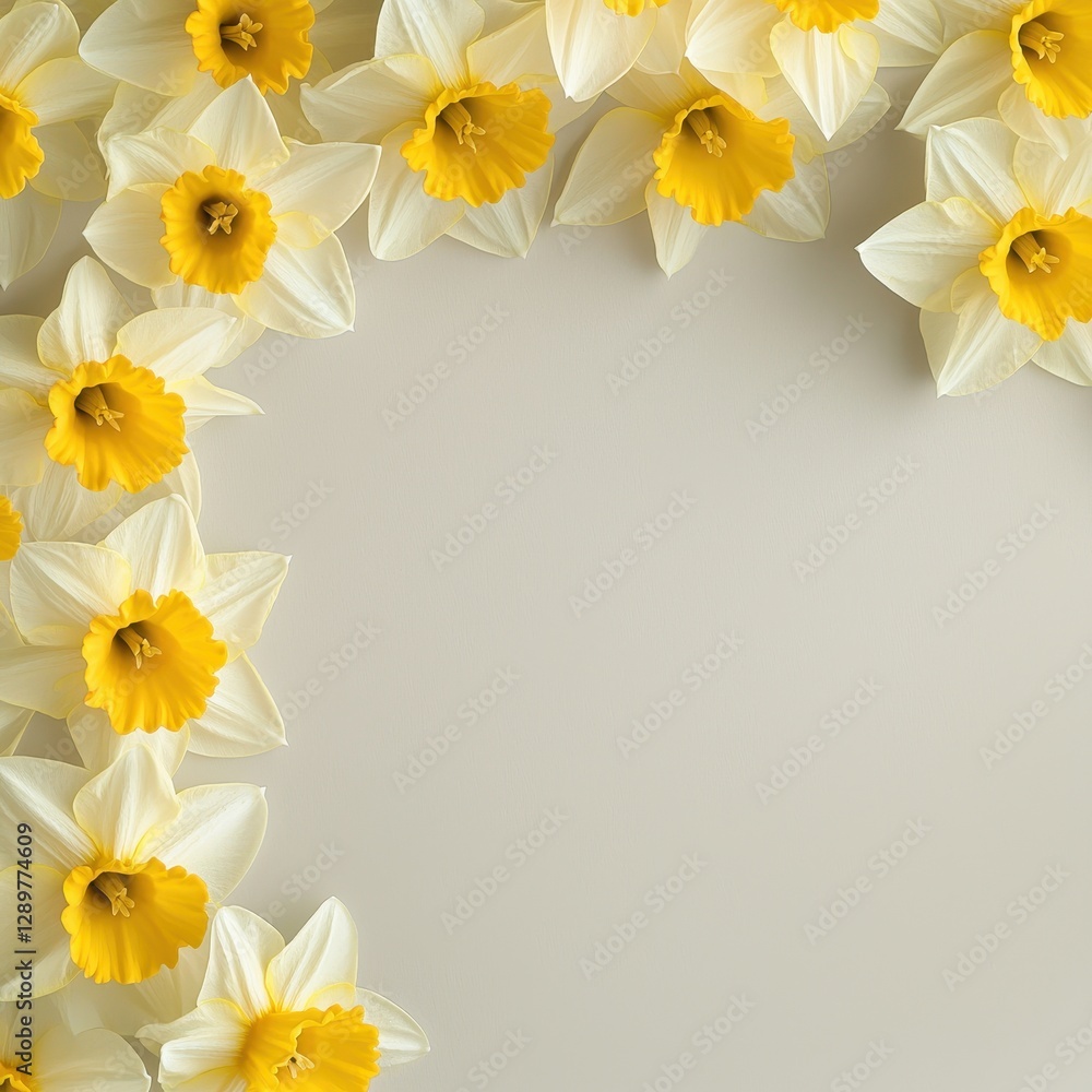 A border of vibrant yellow daffodils surrounds a blank space, creating a cheerful and fresh floral arrangement. A border of vibrant yellow daffodils surrounds a blank space, creating a cheerful and fresh floral arrangement.