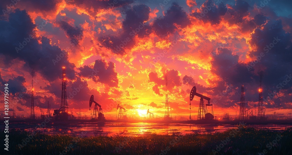 Oil Prices Rise in Global Crisis with Drilling Rigs and Oilfields under Vibrant Sky Oil Prices Rise in Global Crisis with Drilling Rigs and Oilfields under Vibrant Sky