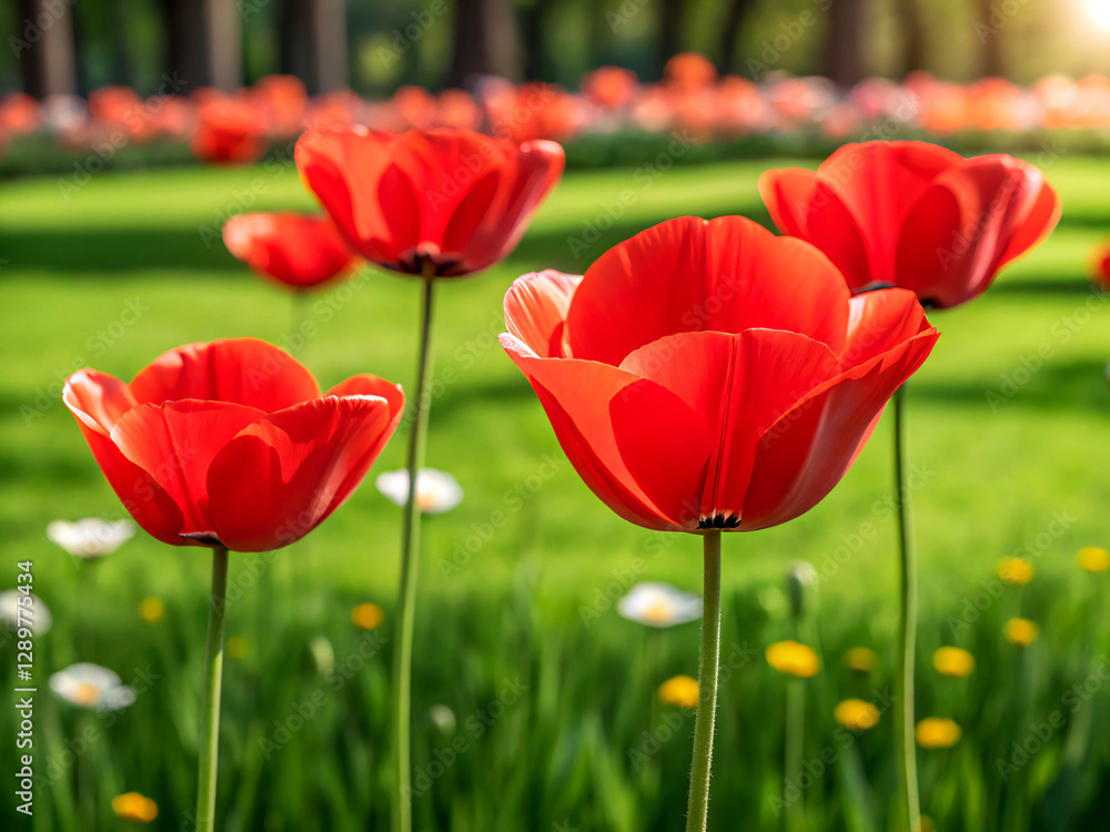 Fototapeta premium field of red tulips. tulip, flower, spring, red, nature, field, garden, flowers, tulips, summer, poppy, plant, beauty, blossom, flora, bloom, color, floral, petal, meadow, beautiful, colorful, grass, 