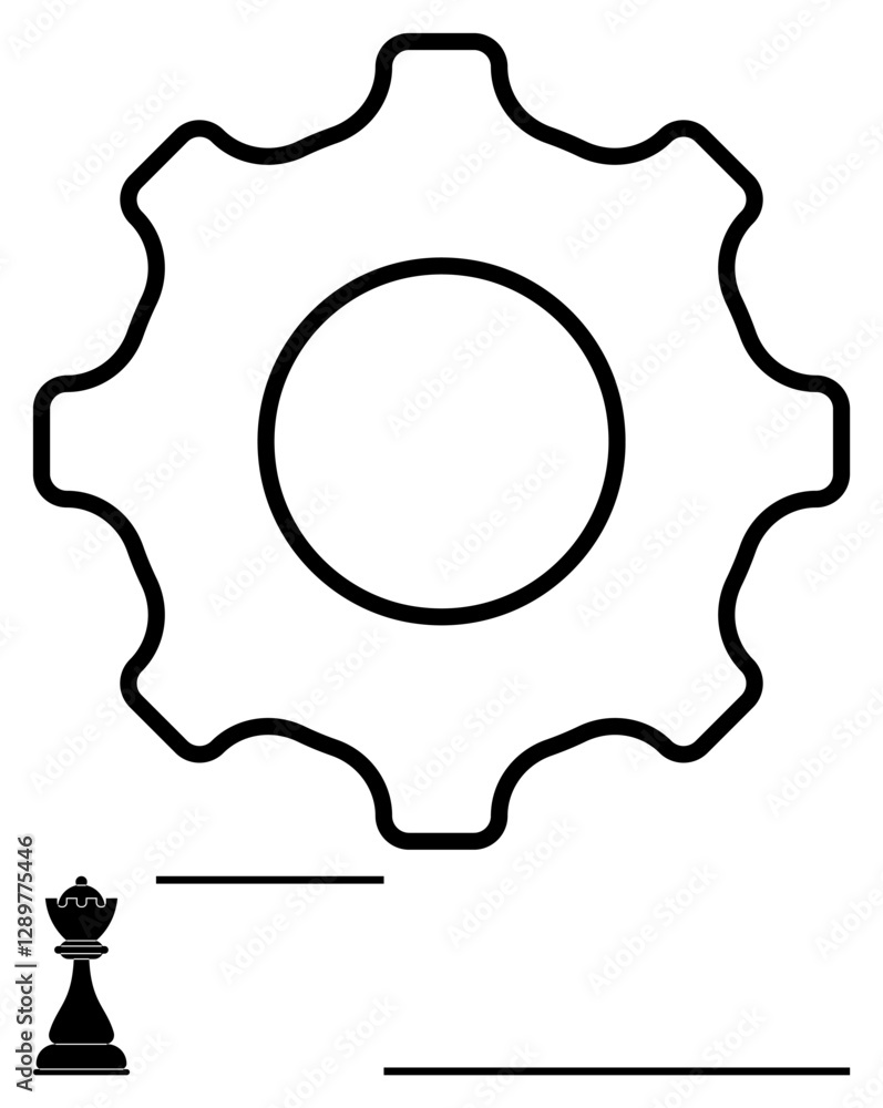 Gear symbolizing process and efficiency, chess king for strategy and leadership, dynamic lines. Ideal for innovation, planning, teamwork, management, problem-solving, leadership abstract line flat Gear symbolizing process and efficiency, chess king for strategy and leadership, dynamic lines. Ideal for innovation, planning, teamwork, management, problem-solving, leadership abstract line flat