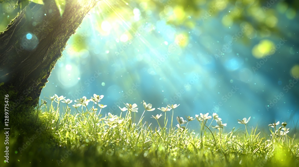 Obraz premium Sunlit Forest Meadow with White Flowers