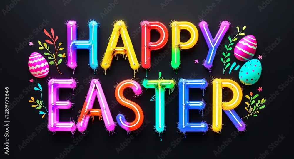 happy easter colorful neon graffiti lettering on plain black background happy easter colorful neon graffiti lettering on plain black background