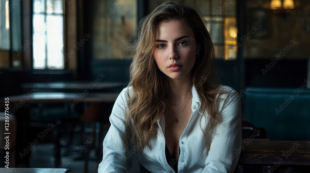 Intimate Portrait of a Thoughtful Caucasian Woman in a Chic Cafe Intimate Portrait of a Thoughtful Caucasian Woman in a Chic Cafe