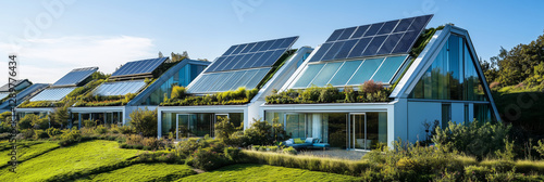 Sustainable modern eco-homes with solar panels and green roofs
 photo