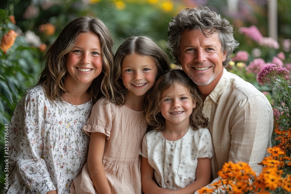 Fototapeta premium Family enjoying a sunny day among colorful flowers in a garden with smiles on their faces during summer