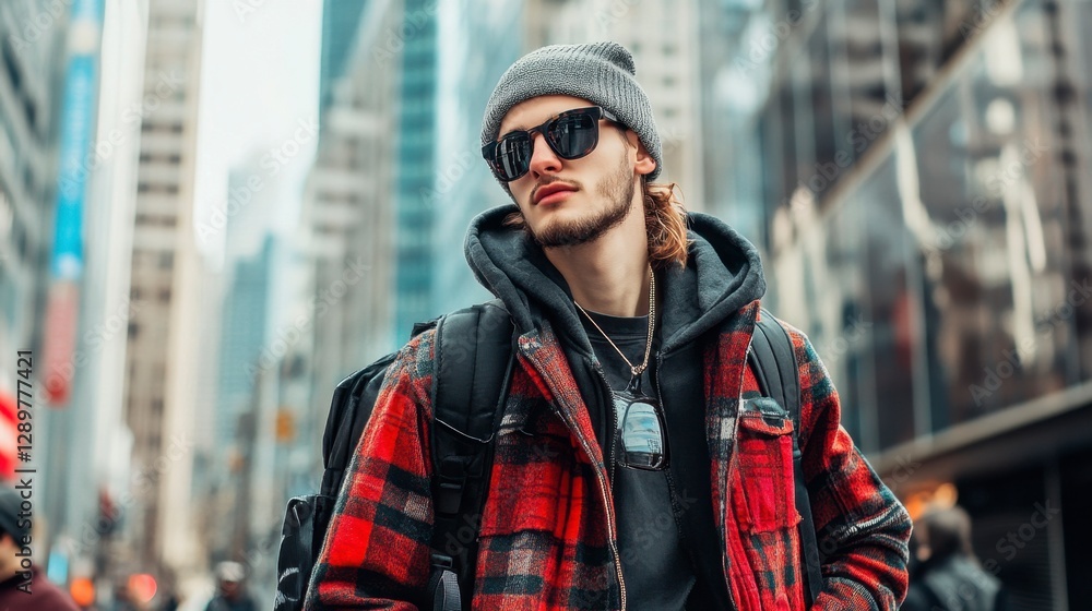 Trendy Hipster in Urban Cityscape with a Red Flannel Trendy Hipster in Urban Cityscape with a Red Flannel