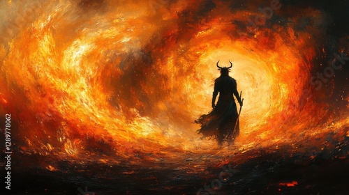 Warrior with Horned Helmet in Fiery Chaos Surrounded by Castle Ruins