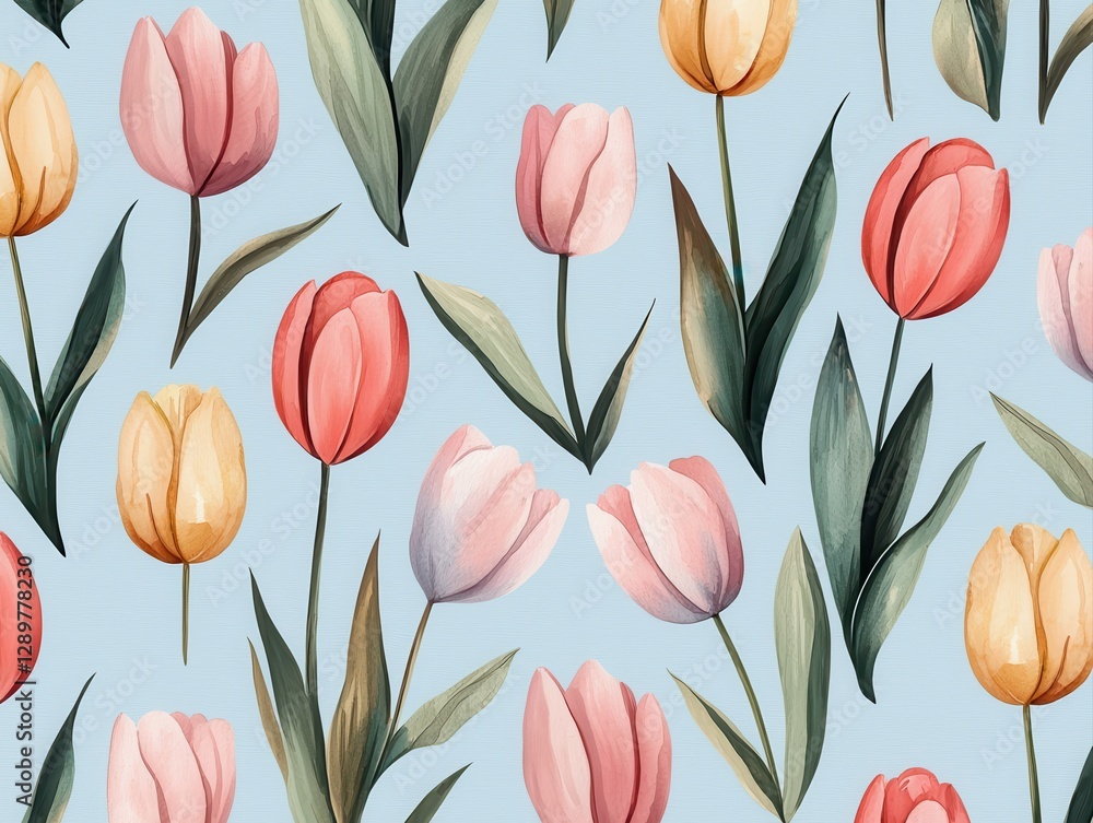 A vibrant pattern of colorful tulips against a light blue background, showcasing various shades and orientations of the flowers and leaves. A vibrant pattern of colorful tulips against a light blue background, showcasing various shades and orientations of the flowers and leaves.