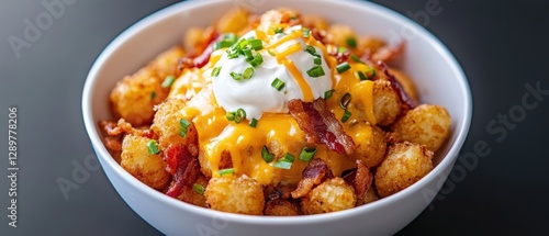 Loaded tater tots with cheese and bacon.