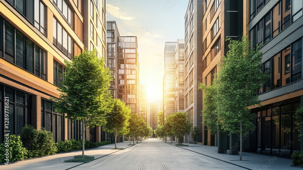 Modern Urban Landscape with Sunlight Illuminating a Tree-Lined Street Surrounded by Contemporary Buildings Modern Urban Landscape with Sunlight Illuminating a Tree-Lined Street Surrounded by Contemporary Buildings