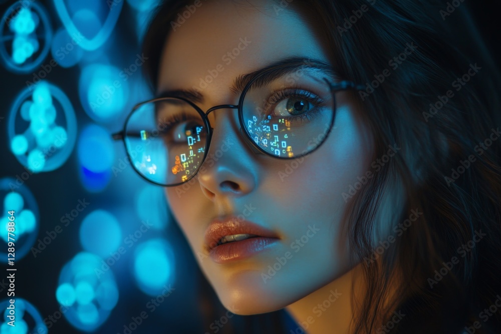 Woman with glasses reflects digital codes against a blue background in a modern tech environment Woman with glasses reflects digital codes against a blue background in a modern tech environment