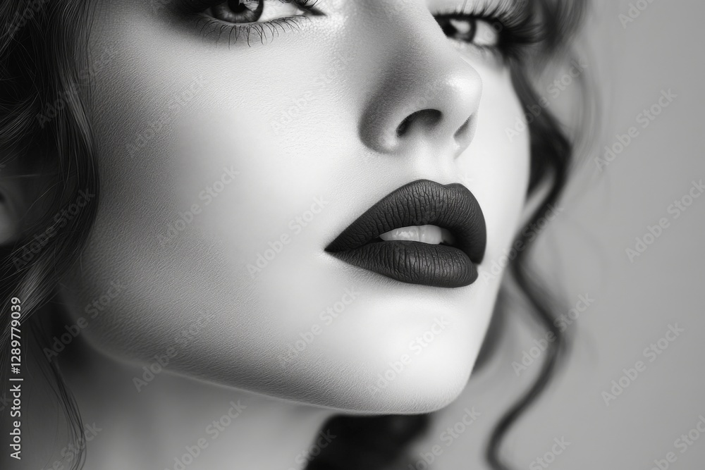Close-up of a woman's elegant profile showcasing bold makeup and textured hair against a smooth background Close-up of a woman's elegant profile showcasing bold makeup and textured hair against a smooth background