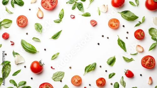 Bright Food Flat Lay with basil and tomatoes on a white background with copy space.