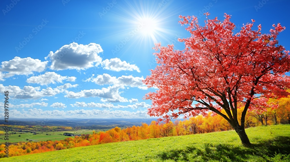 Vibrant Red Tree on a Hillside Under a Sunny Autumn Sky Vibrant Red Tree on a Hillside Under a Sunny Autumn Sky