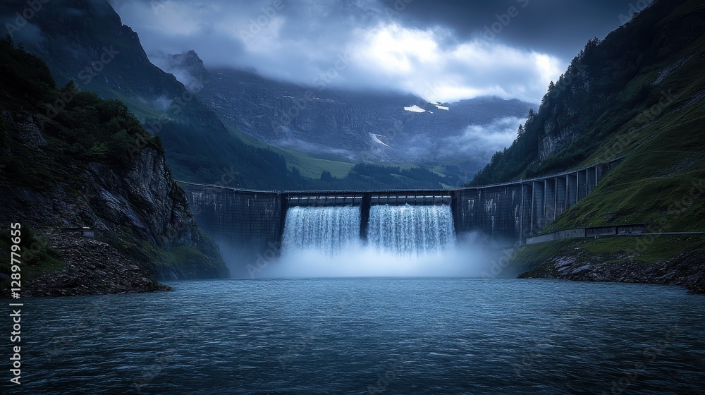 Fototapeta premium Majestic Hydroelectric Dam with Waterfall Surrounded by Dramatic Mountains Under Dark Stormy Sky