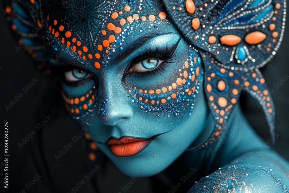Artistic blue face paint displayed by a model showcasing intricate design and vibrant colors in a close-up portrait Artistic blue face paint displayed by a model showcasing intricate design and vibrant colors in a close-up portrait