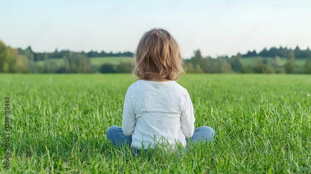 Child sits in grassy field, serene landscape Child sits in grassy field, serene landscape