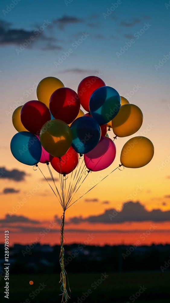 Fototapeta premium Colorful balloons floating against sunset sky