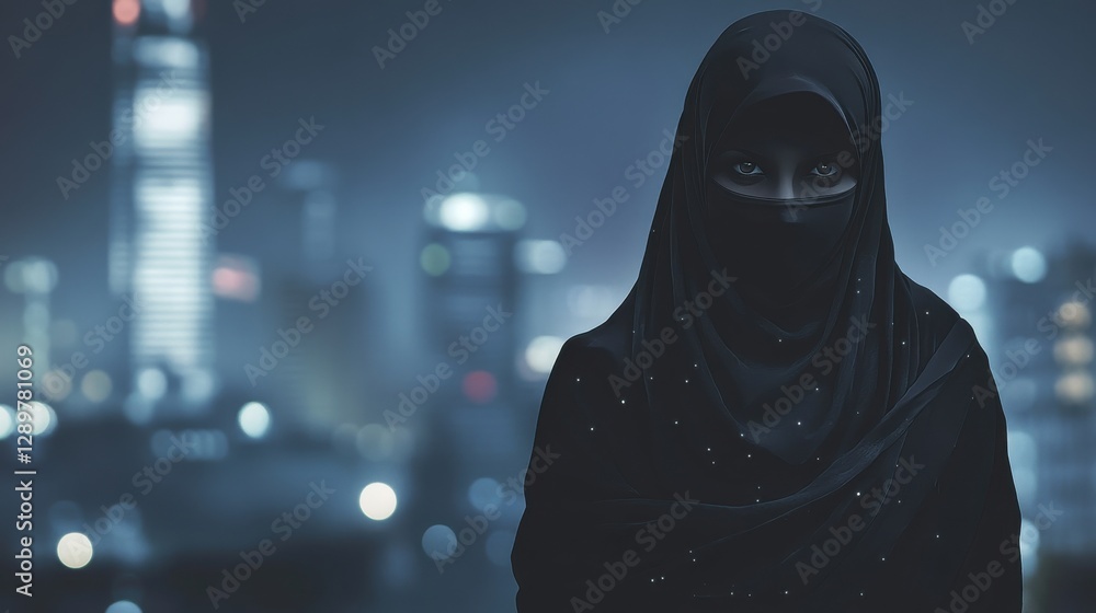 Mysterious woman in black hijab against urban night cityscape Mysterious woman in black hijab against urban night cityscape