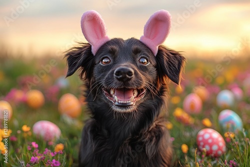 Happy border collie dog wearing pink bunny ears playing in vibrant flowers during Easter celebration photo