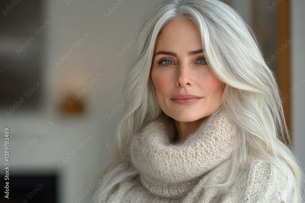 Fototapeta premium Portrait of a woman with long silver hair wearing a cozy sweater, conveying elegance and warmth in a bright indoor setting