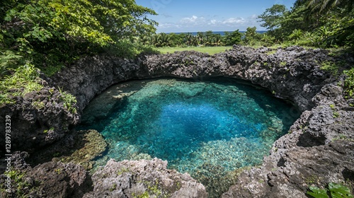 Vibrant Blue Natural Pool Surrounded by Lush Green Tropical Vegetation