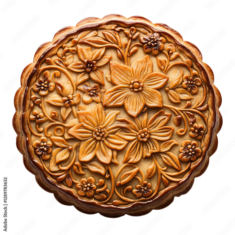 Traditional Chinese Mooncake with Floral Design Isolated on Transparent Background Traditional Chinese Mooncake with Floral Design Isolated on Transparent Background