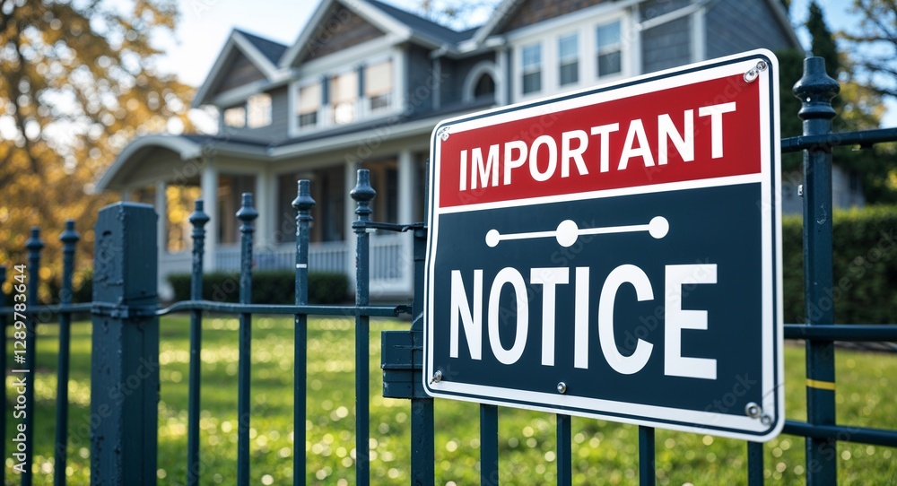 Obraz premium important notice lettering on sign at fence with house background