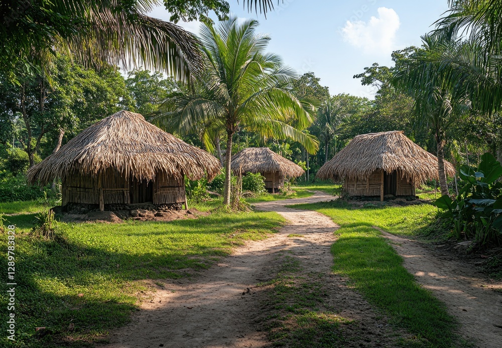 Tropical huts, village pathway, lush jungle background Tropical huts, village pathway, lush jungle background