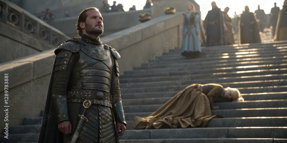 Heroic figure stands on steps amid tension and drama in a historical fantasy setting during a climactic moment